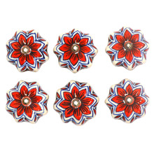 Red Flower Fluted Ceramic Knobs (Set of 6)