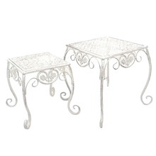 2 Piece Antique Cream Floral Metal Plant Stand Set