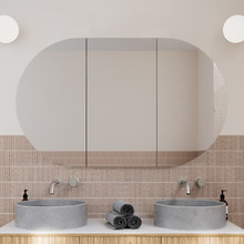 Ava 1200mm White Oval Mirrored Shaving Cabinet with Glass Shelves