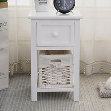 Rustic White Painted Eloise Bedside Table with Wicker Basket