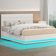 White Alpine Boucle Gas Lift Storage Bed with LED