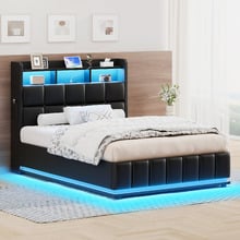 Black Michel Faux Leather Gas Lift Storage Bed Frame with LED