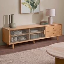 150cm Preston Oak Wood & Glass TV Unit
