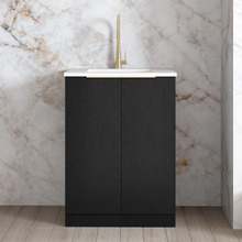 Byron 650mm Black Oak Laundry Cabinet with White Countertop & Sink
