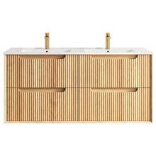 Byron Fluted 1200mm Woodland Oak Wall Hung Double Vanity with Ceramic Countertop