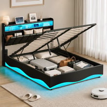 Kiana Faux Leather Gas Lift Storage Bed with LED & Charging Station