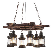 Allen Wheel Pine Wood 6 Lamp Pendant Light