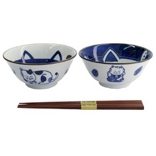 4 Piece Blue Kawaii Cat Neko Bowl & Chopsticks Set