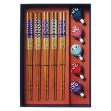 5 Pair Bamboo Chopsticks with Blow Fish Rests Gift Set