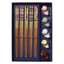 5 Pair Bamboo Chopsticks with Dog Rests Gift Set