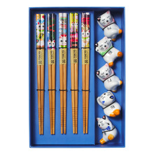 5 Pair Bamboo Chopsticks with Lucky Cat Rests Gift Set