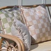 Escape to Paradise Check Coastal Fringed Outdoor Cushion
