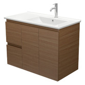 Fienza Dolce 900mm Walnut Wall Hung Single Vanity with Ceramic Countertop