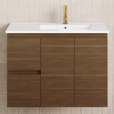 Fienza Dolce 900mm Walnut Wall Hung Single Vanity with Ceramic Countertop