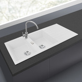 Expert Homewares 1160mm Double White Granite Kitchen Sink with Drainer