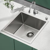 Expert Homewares Deso 440mm Single Satin Brush Kitchen Sink with Button-controlled Basket Waste
