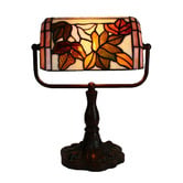 Tiffany Pieces Floral Rust Stained Glass Banker Table Lamp