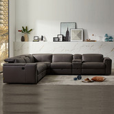 Southern Stylers Grey Caecilius 5 Seater Leather Sofa with Cup Holders &amp; Drawer