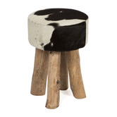 Lifestyle Traders Casper Round Cow Hide Stool with Wooden Legs