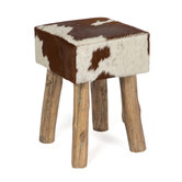 Lifestyle Traders Ofelia Square Cow Hide Stool with Wooden Legs