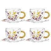 Ashdene Pressed Flowers Double Wall 350ml Glass Cups &amp; Saucers