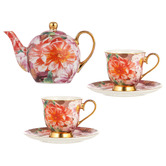 Ashdene 5 Piece Peach Peony Bold Blooms Teapot &amp; Cup Set