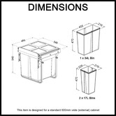 Elite Domestique 68L Steel Triple Slide Out Waste Bin with Door Mount