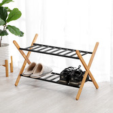 Lifestyle Traders Black &amp; Natural Quennie 2-Tier Bamboo &amp; Metal Shoe Rack