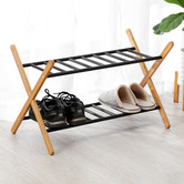 Lifestyle Traders Black &amp; Natural Quennie 2-Tier Bamboo &amp; Metal Shoe Rack