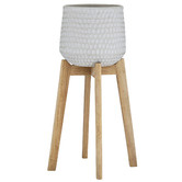 The Home Collective Cooper Ceramic Planter with Rubber Wood Stand