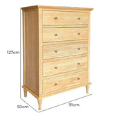 Hamilton Furniture Evelyn 5 Drawer Oak Wood Tallboy