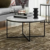 Temple &amp; Webster White Serena Round Carrara Marble Coffee &amp; Side Table Set