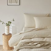 Temple &amp; Webster Oatmeal Gingham Washed Cotton Quilt Cover Set