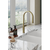 Temple &amp; Webster Clovelly Brushed Gold Gooseneck Pull-Out Kitchen Sink Mixer