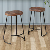 Temple &amp; Webster 75cm Premium Vintage-Style Elm Wood Barstools with Black Legs