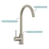 Temple &amp; Webster Clovelly Brushed Nickel Gooseneck Kitchen Sink Mixer