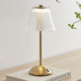 Temple &amp; Webster Halston Iron &amp; Clear Strip Glass Cordless LED Table Lamp
