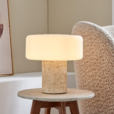 Temple &amp; Webster Emery Travertine-look &amp; Glass Table Lamp