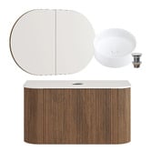 Temple &amp; Webster Nomad 900mm Walnut Wall Hung Vanity with Round Basin &amp; Shaving Cabinet Package