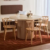 Temple &amp; Webster 4 Seater Elodie Round Travertine-Look Dining Table &amp; Aurora Chair Set