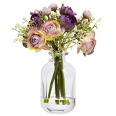 pollen &amp; fauna 20cm Purple Faux Ranunculus Mixed Arrangement with Glass Vase