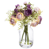 pollen &amp; fauna 20cm Purple Faux Ranunculus Mixed Arrangement with Glass Vase