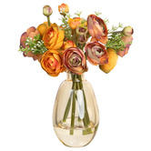 pollen &amp; fauna 20cm Orange Faux Ranunculus Mixed Arrangement with Glass Vase