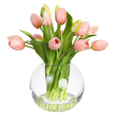 pollen &amp; fauna 29cm Pink Faux Tulip Arrangement with Glass Vase