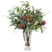 pollen &amp; fauna 82cm Faux Banksia &amp; Eucalyptus Arrangement in Glass Vase