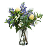 pollen &amp; fauna 60cm Blue Faux Lilac Mixed Arrangement in Glass Vase