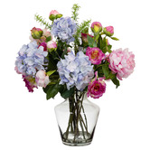 pollen &amp; fauna 60cm Potted Faux Hydrangea &amp; Peony Flower Arrangement with Glass Vase