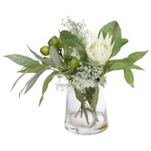 pollen &amp; fauna 42cm Faux Protea and Eucalyptus Arrangement in Glass Vase