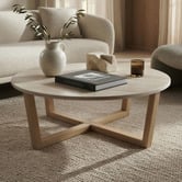 Nordvikka Kiri Round Travertine &amp; Rubberwood Coffee Table