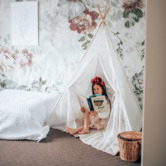 Cattywampus Kids&#039; White  Cotton Teepee Tent with Lace font